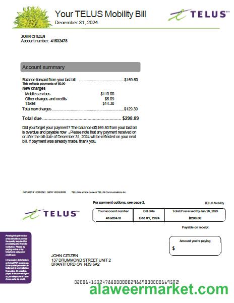 Canada Telus utility bill template in Word and PDF formats, version 2